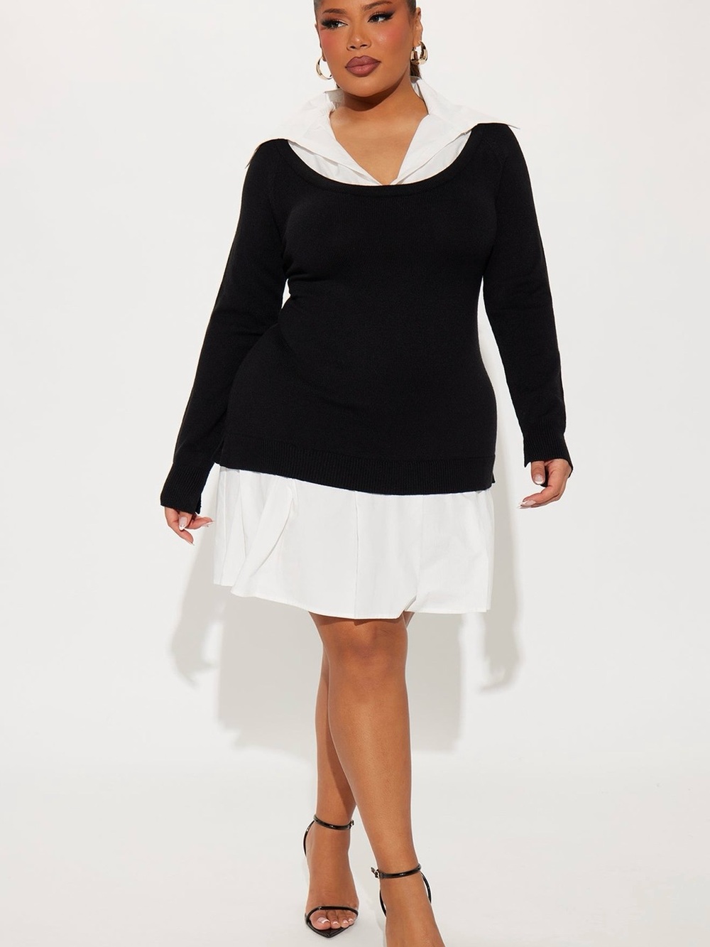 Black Knit Sweater Layered Over White Shirt Dress